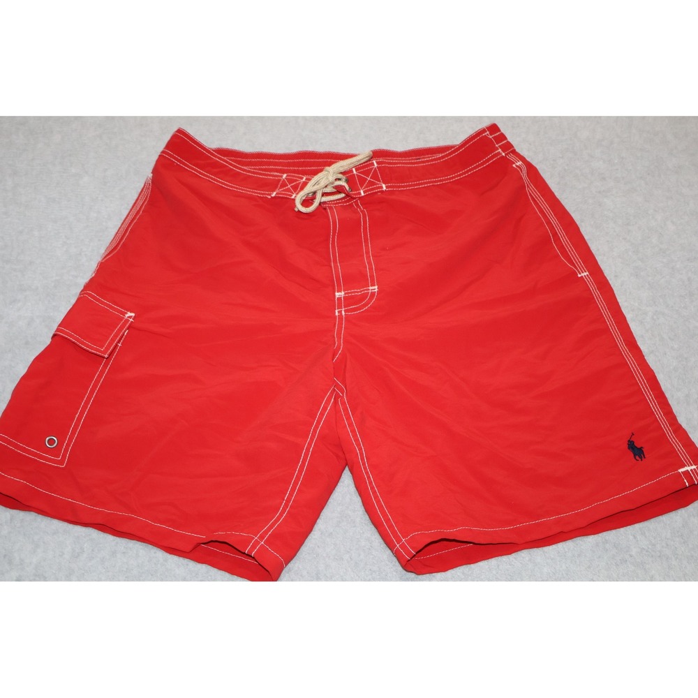 Polo Ralph Lauren Swim Shorts Mens Medium Red Mesh Lined Cargo Pocket Pony